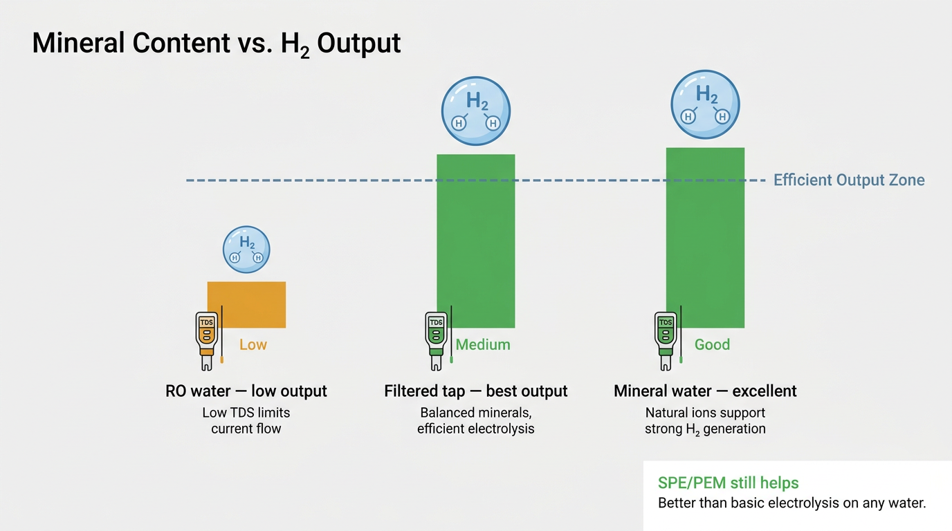 Infographic comparing mineral content and hydrogen output levels during electrolysis