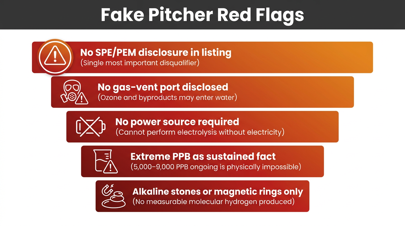 Infographic listing red flags that identify a fake hydrogen water pitcher