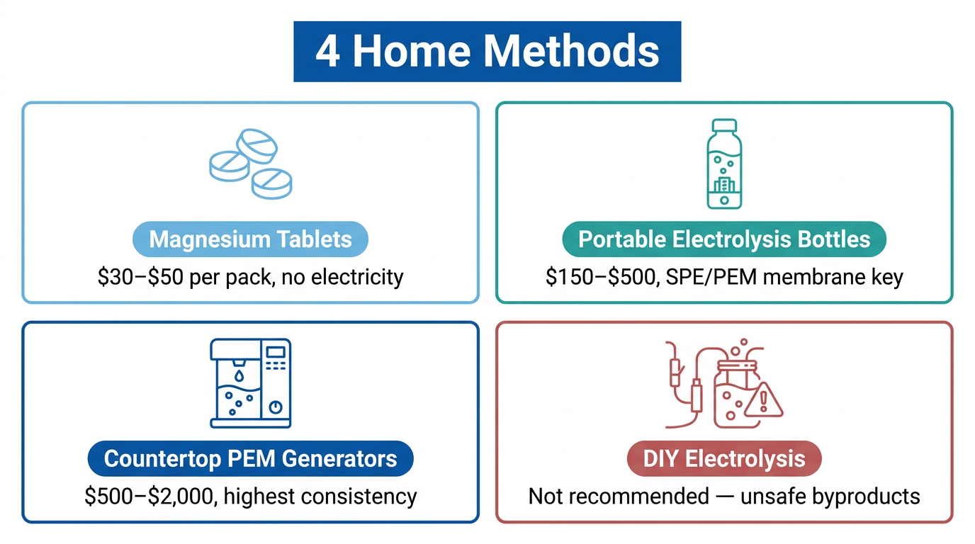 Infographic comparing four home hydrogen water methods