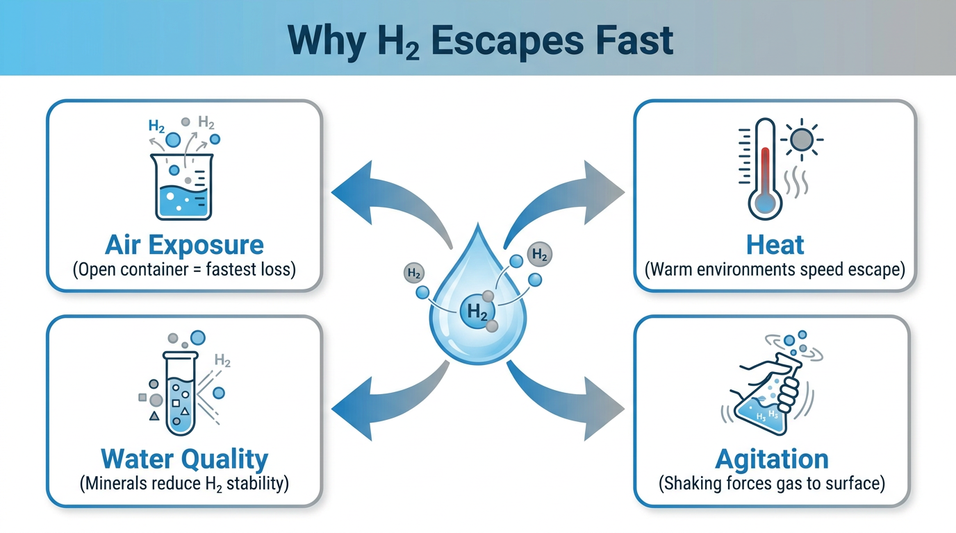 Infographic showing four factors that accelerate hydrogen gas escape from water