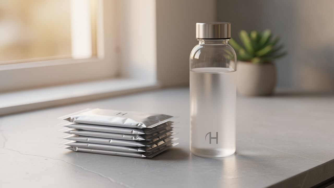 Hydrogen water bottle beside pre-packaged aluminum hydrogen water pouches