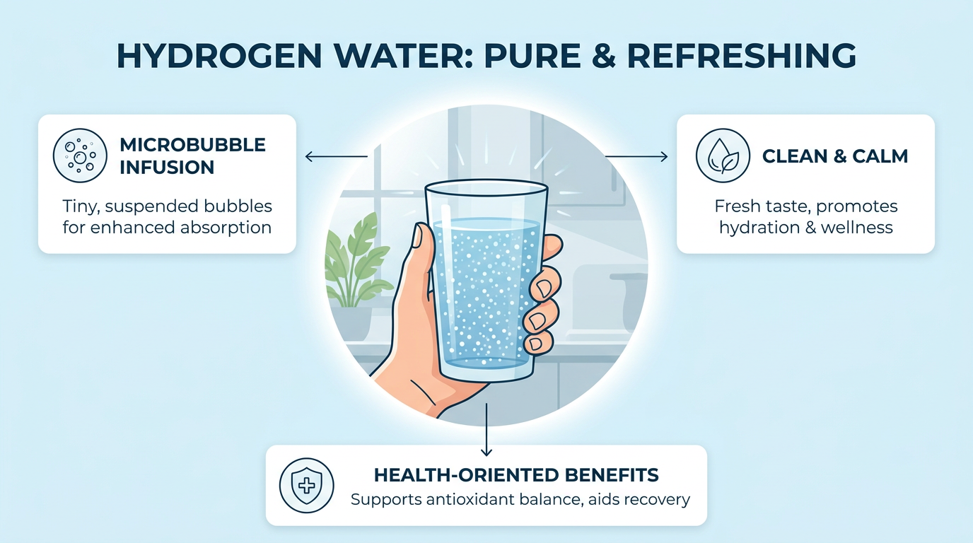 Glass of hydrogen-rich water with visible microbubbles poured from a hydrogen water pitcher