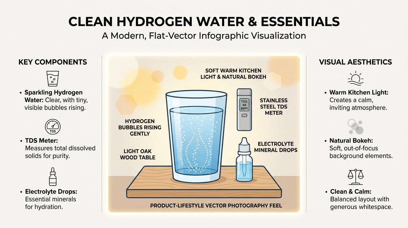 Glass of hydrogen water beside a TDS meter and mineral electrolyte drops