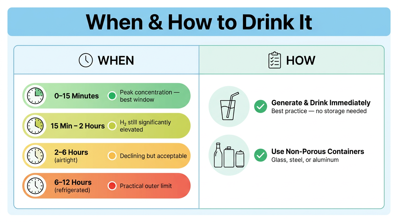 Infographic listing best practices to maximize hydrogen water potency and timing
