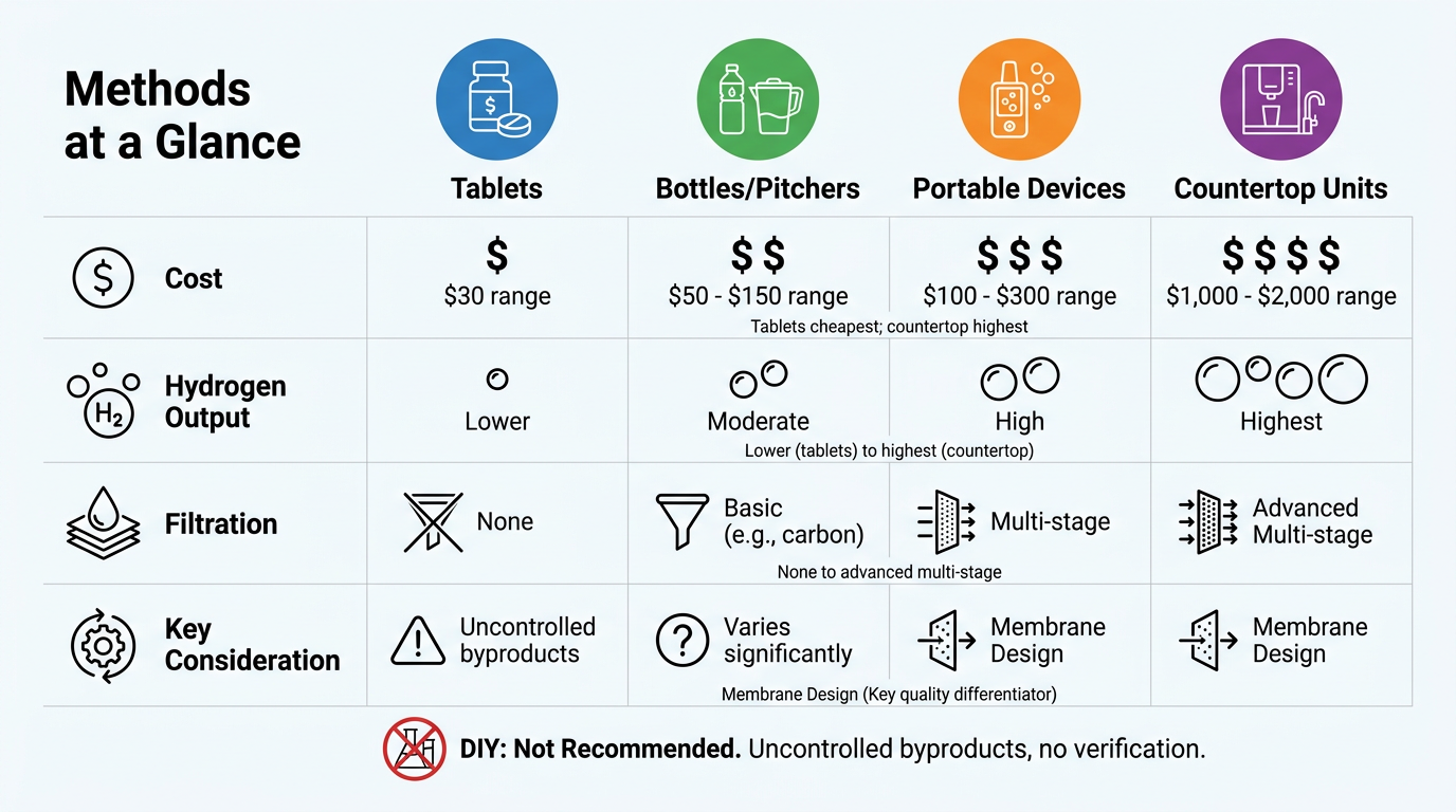 Side-by-side comparison chart of hydrogen water methods