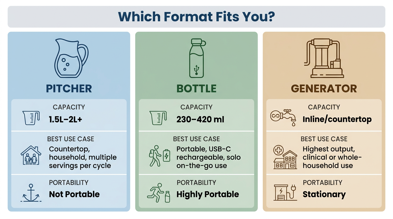 Comparison chart of hydrogen water pitcher, bottle and generator formats