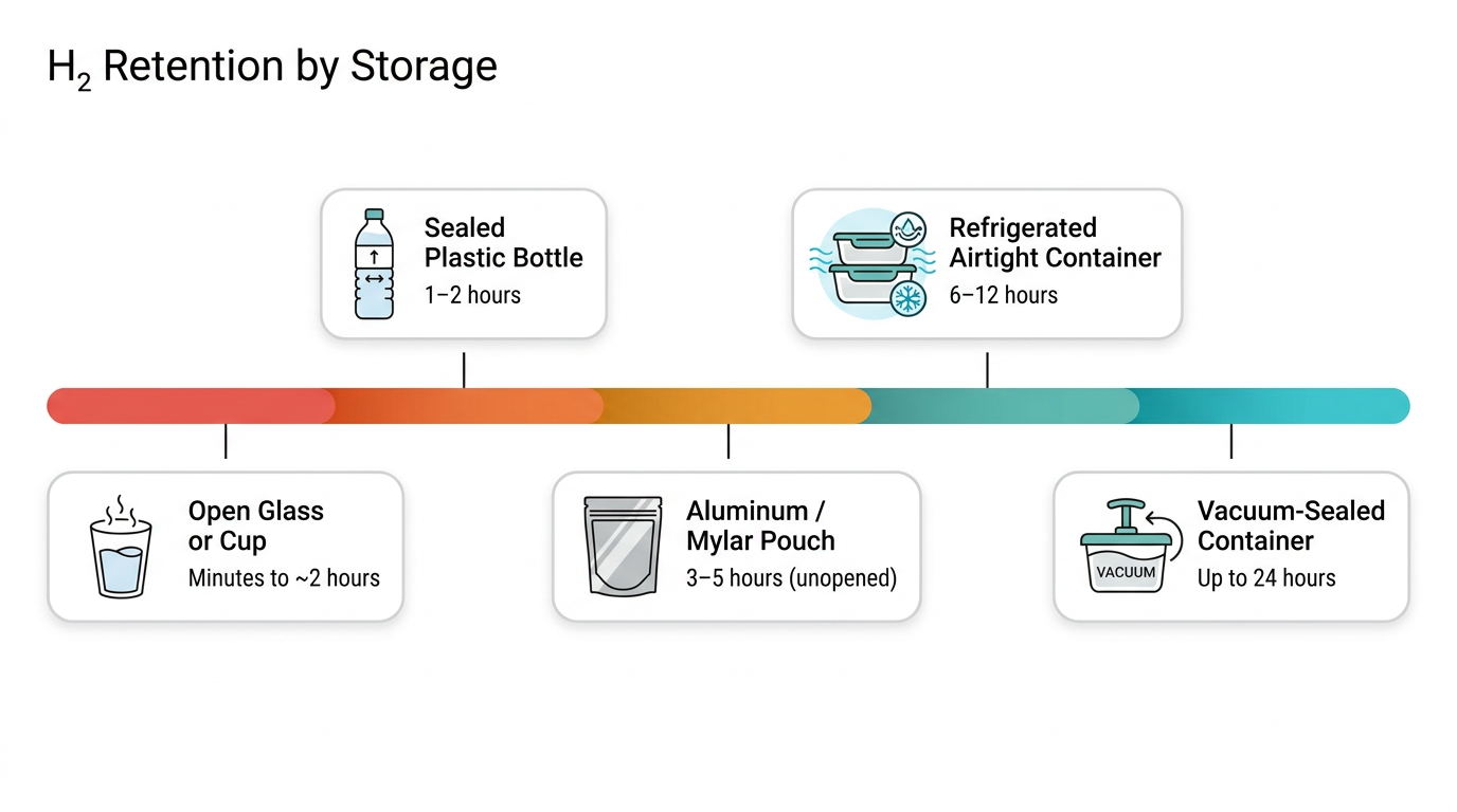 Infographic showing hydrogen water retention time by storage condition
