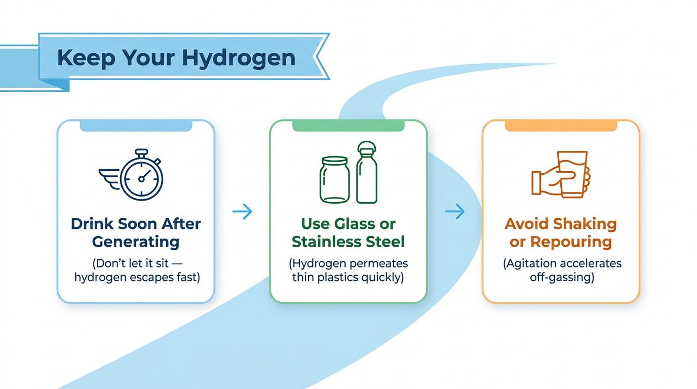 Infographic showing hydrogen water storage and handling tips