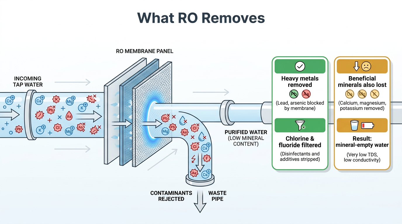 Infographic showing how reverse osmosis water loses beneficial minerals