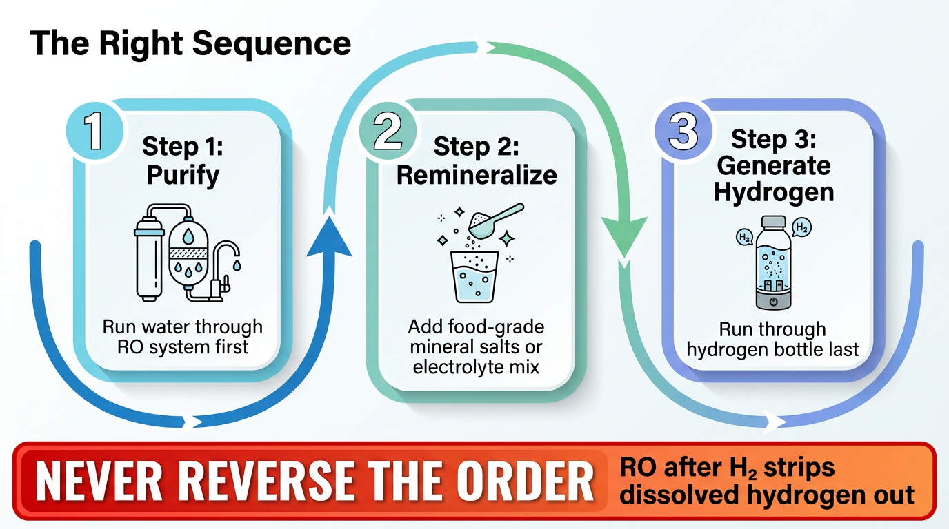Three-step process for remineralizing reverse osmosis water for a hydrogen generator