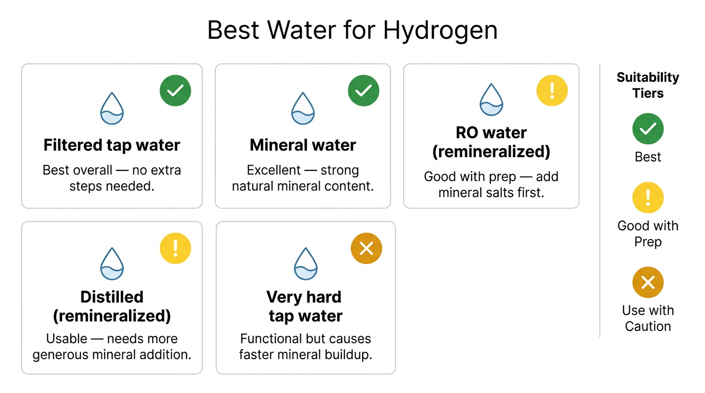 Comparison chart of water types and their suitability for hydrogen generation