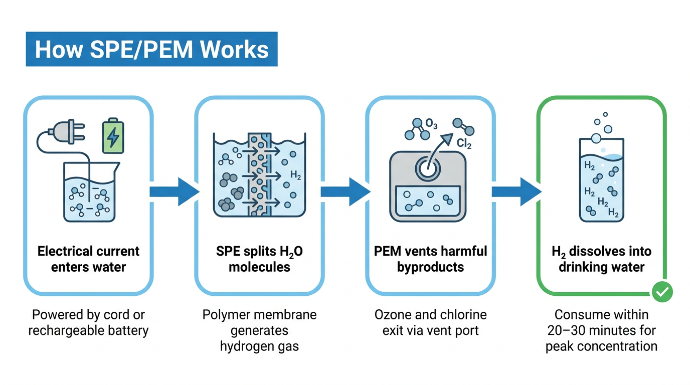 Infographic showing how SPE/PEM electrolysis produces hydrogen water